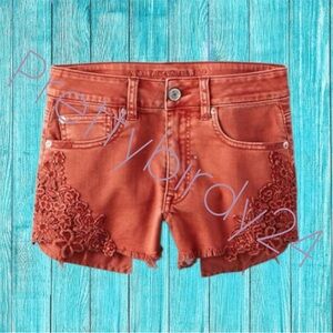Retro AEO Rusted Coral Floral Appliqué Distressed Hi-Rise Festival Shorts